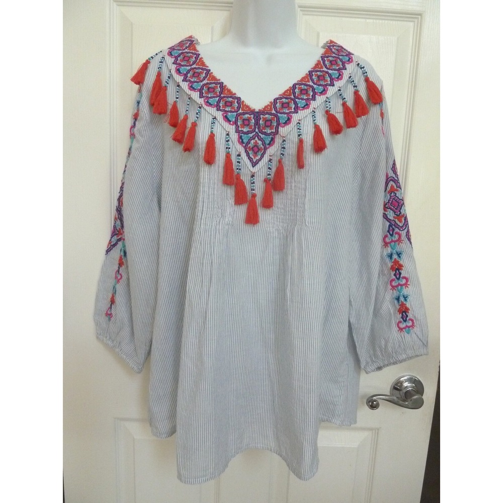 *NEW!! CHICO'S Sz 3=16/18 XL Pinstripe Tassel Trim Top Embroidered Pin-Tucked*